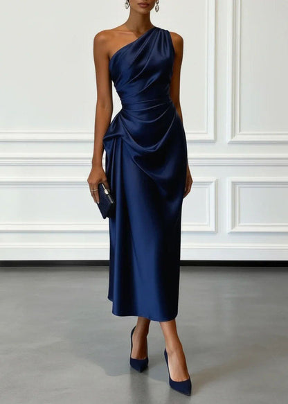 Champagne One Shoulder Wrinkled Silk Dress Summer