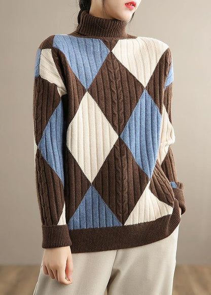 Chocolate Green Plaid Sweaters High Neck Clothes
