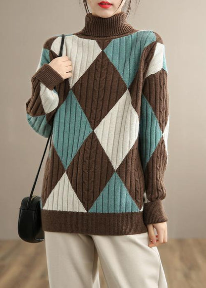 Chocolate Green Plaid Sweaters High Neck Clothes