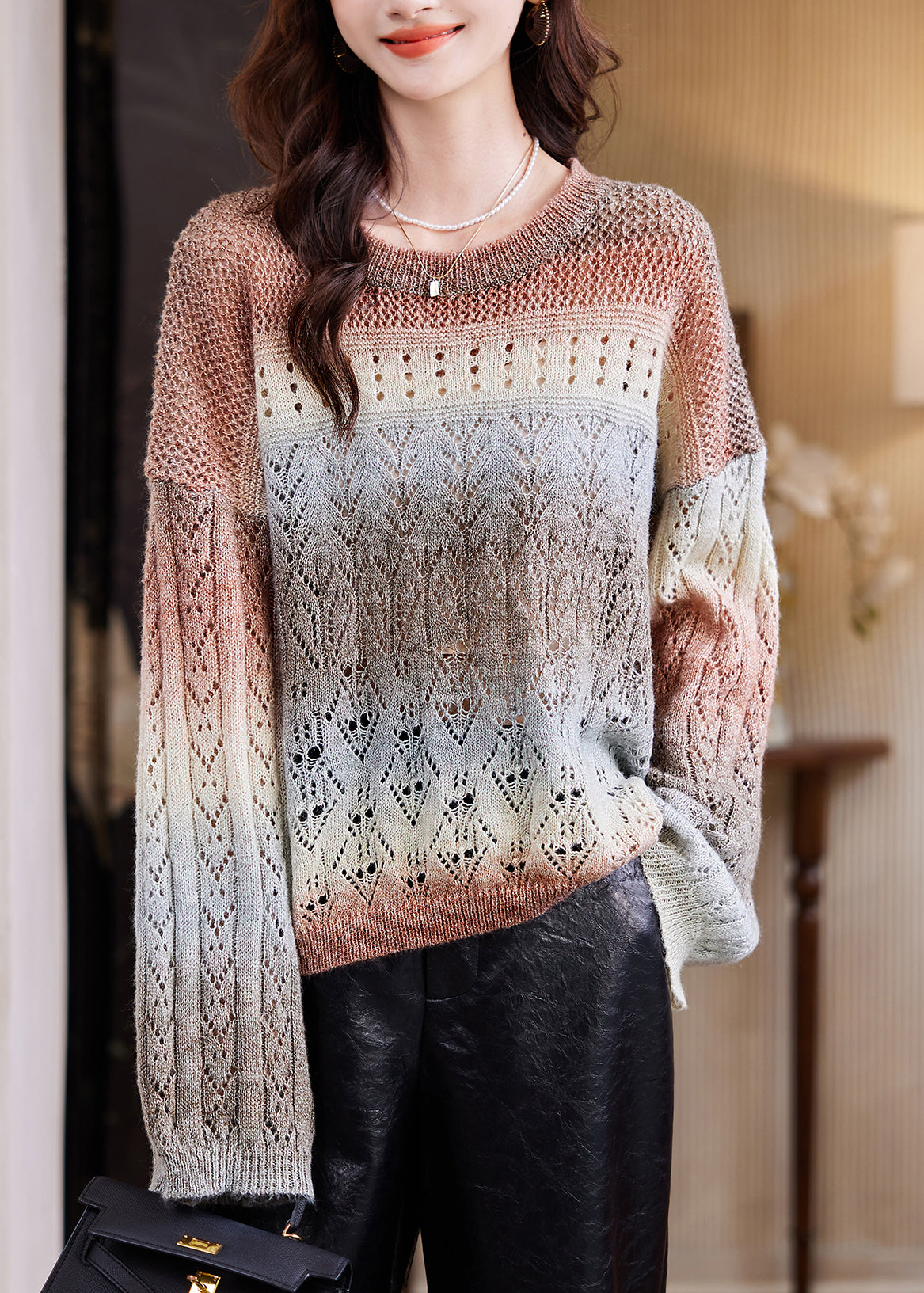 Coffee O-neck Print Cotton Knit Sweater Spring