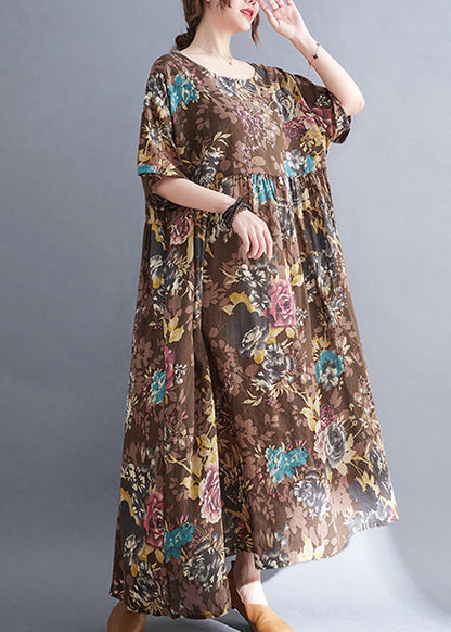 Coffee O-neck Print Maxi Dress Short Sleeve