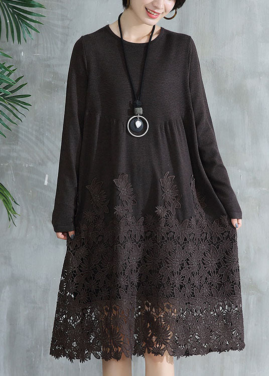Coffee O Neck Wrinkled Lace Patchwork Knit Dress Fall