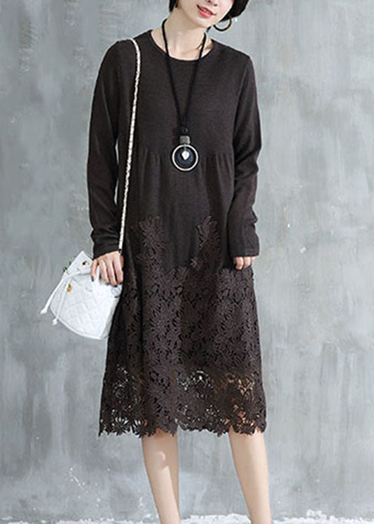 Coffee O Neck Wrinkled Lace Patchwork Knit Dress Fall