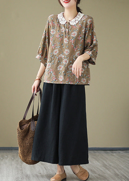 Coffee Peter Pan Collar Print Cotton Shirt Summer