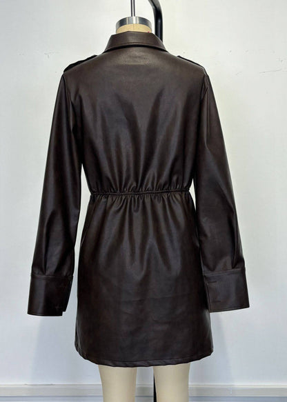 Coffee Peter Pan Collar Zippered Patchwork Faux Leather Mid Dress Spring
