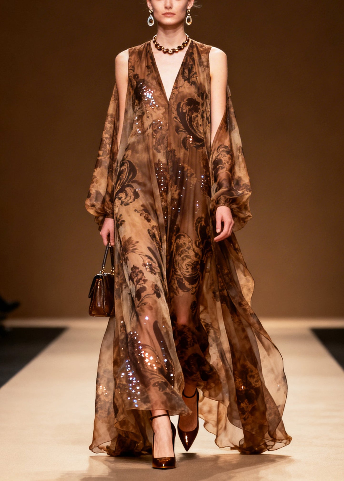 Coffee Print Sparkly Silk Vestidos Dresses Summer