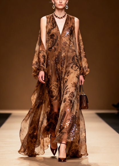 Coffee Print Sparkly Silk Vestidos Dresses Summer