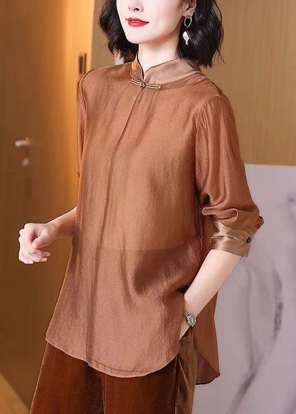 Coffee Stand Collar Button Cotton Shirt Spring