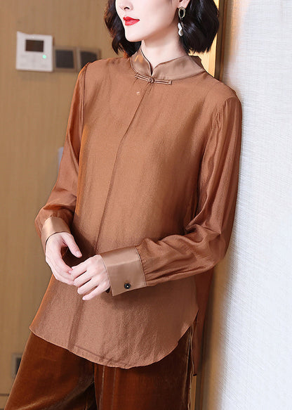 Coffee Stand Collar Button Cotton Shirt Spring
