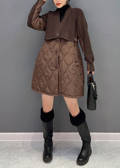 Chocolate V Neck Knit Patchwork Cotton Filled Coats Winter