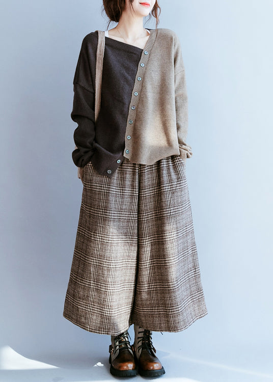 Chocolate V Neck Patchwork Knit Sweater Winter