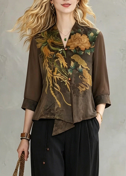 Coffee V Neck Print Chiffon Tops and Crop Pants Fall