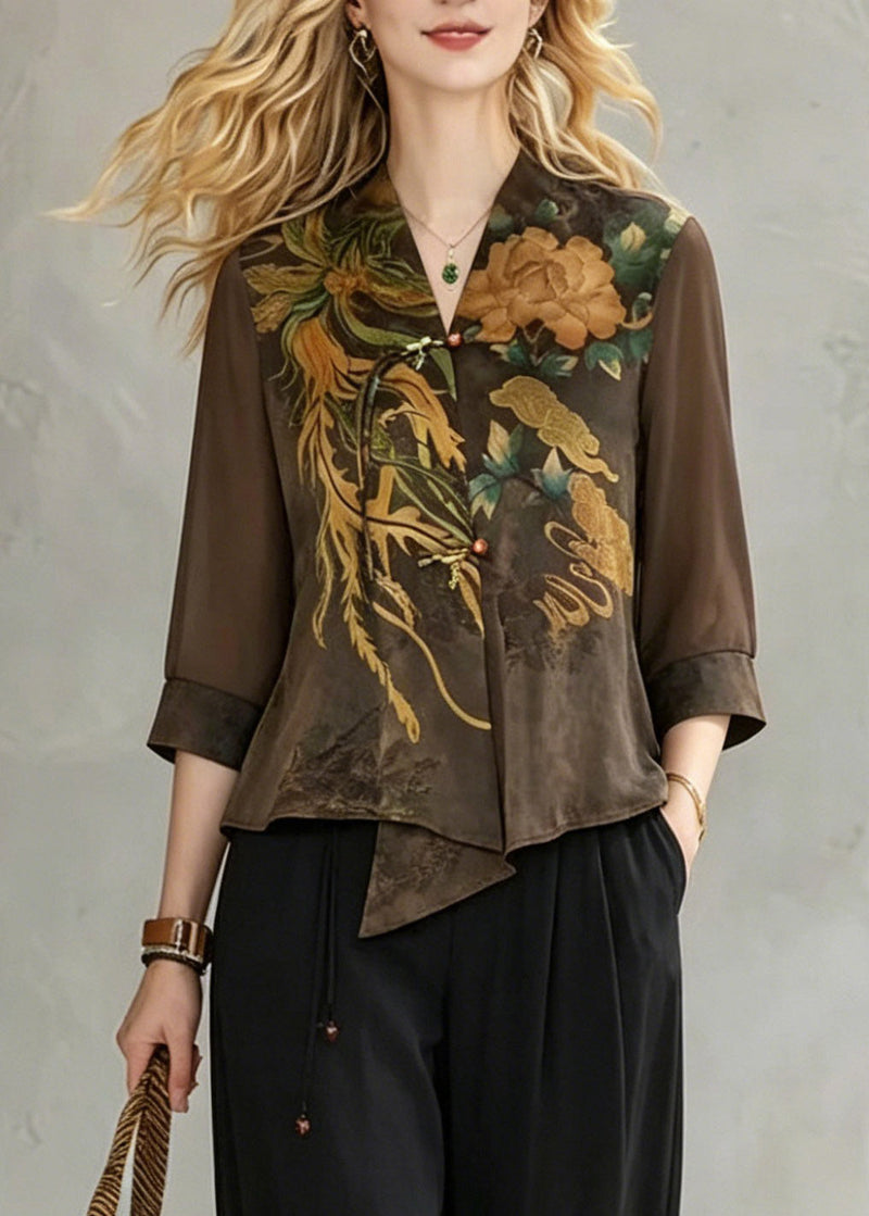 Coffee V Neck Print Chiffon Tops and Crop Pants Fall