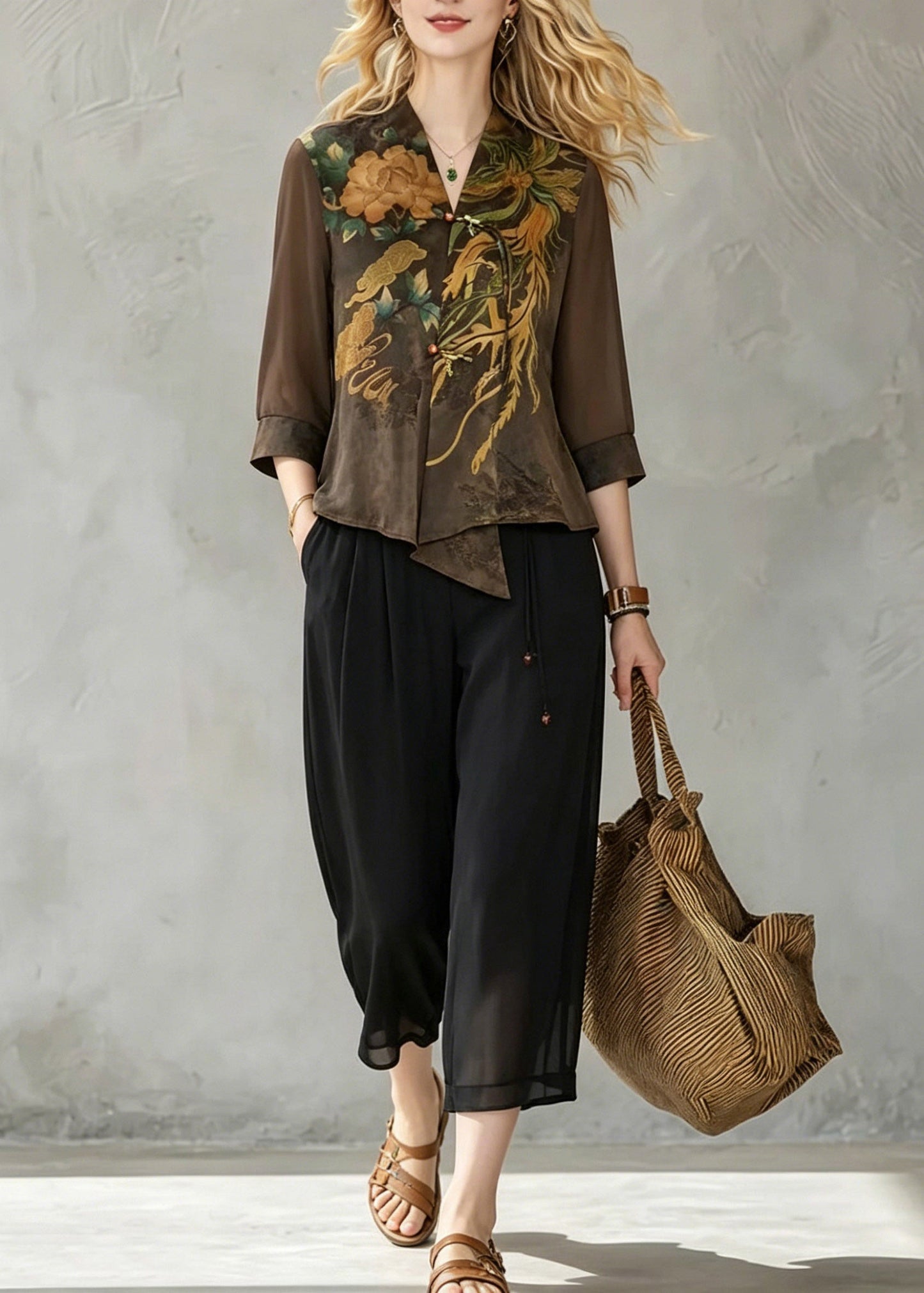 Coffee V Neck Print Chiffon Tops and Crop Pants Fall
