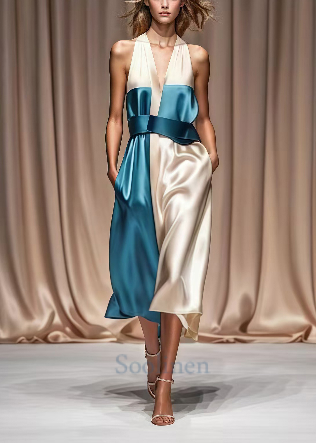 Colorblock Cold Shoulder Patchwork Silk Halter Dresses Summer
