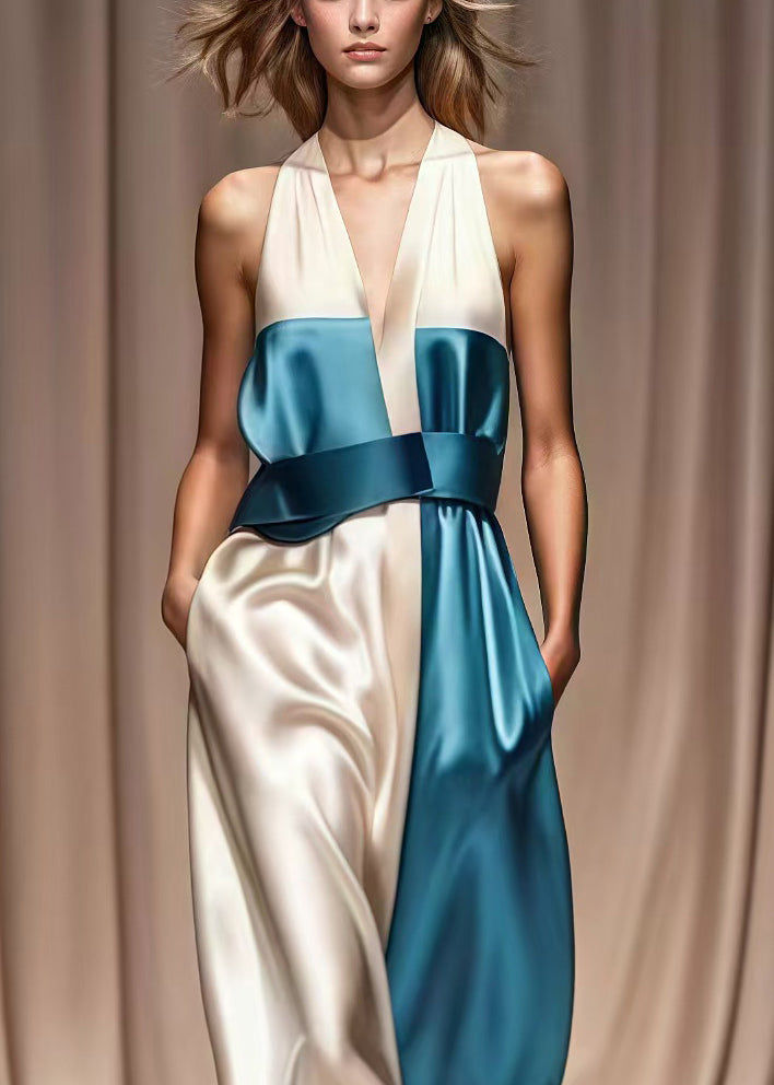 Colorblock Cold Shoulder Patchwork Silk Halter Dresses Summer