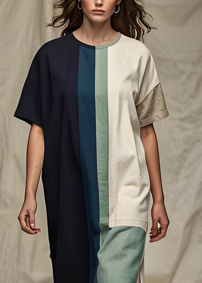 Colorblock O Neck Patchwork Cotton Dress Summer
