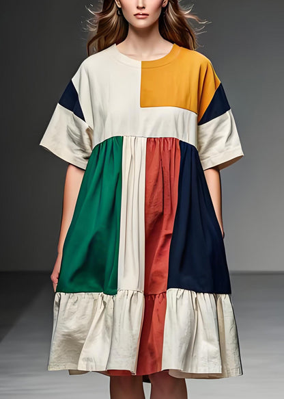 Colorblock O Neck Patchwork Linen Mid Dress Summer