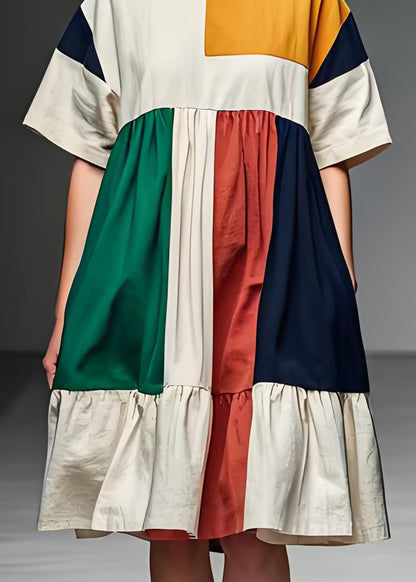Colorblock O Neck Patchwork Linen Mid Dress Summer