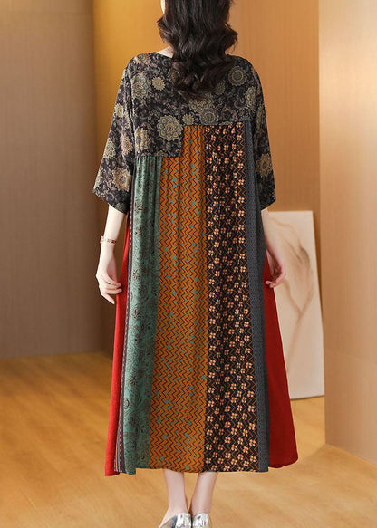 Colorblock O Neck Print Striped Patchwork Silk Dresses Summer