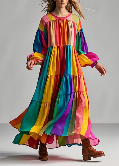Colorblock O Neck Wrinkled Patchwork Cotton Dress Long Sleeve