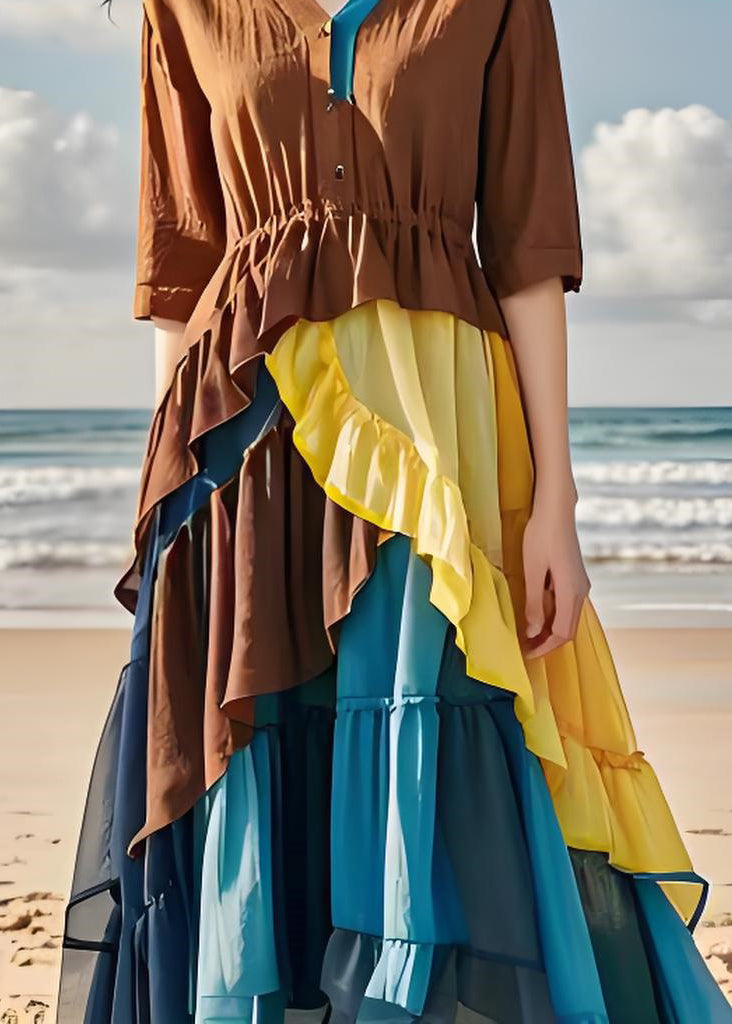 Colorblock Ruffled Chiffon Patchwork Cotton Dress Summer