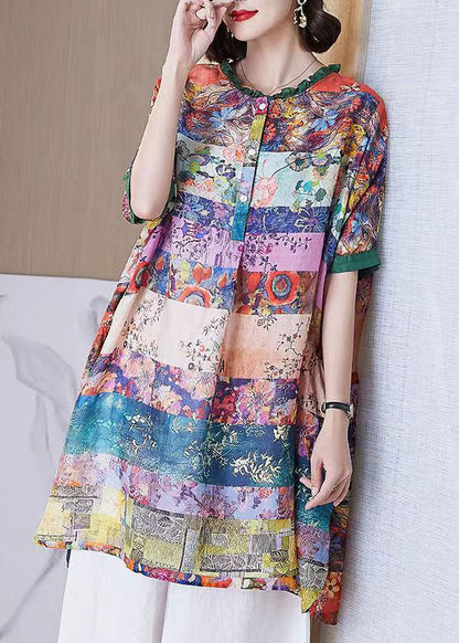 Colorblock Ruffled Print Patchwork Cotton Shirt Top Half Sleeve