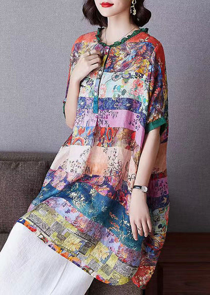 Colorblock Ruffled Print Patchwork Cotton Shirt Top Half Sleeve