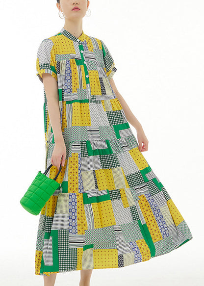 Colorblock Stand Collar Print Exra Large Hem Cotton Long Dresses Summer