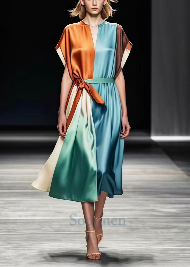 Colorblock Tie Waist Patchwork Silk Vacation Dresses Summer