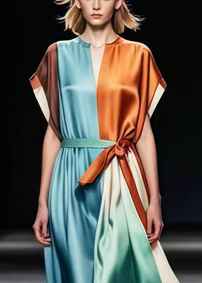 Colorblock Tie Waist Patchwork Silk Vacation Dresses Summer