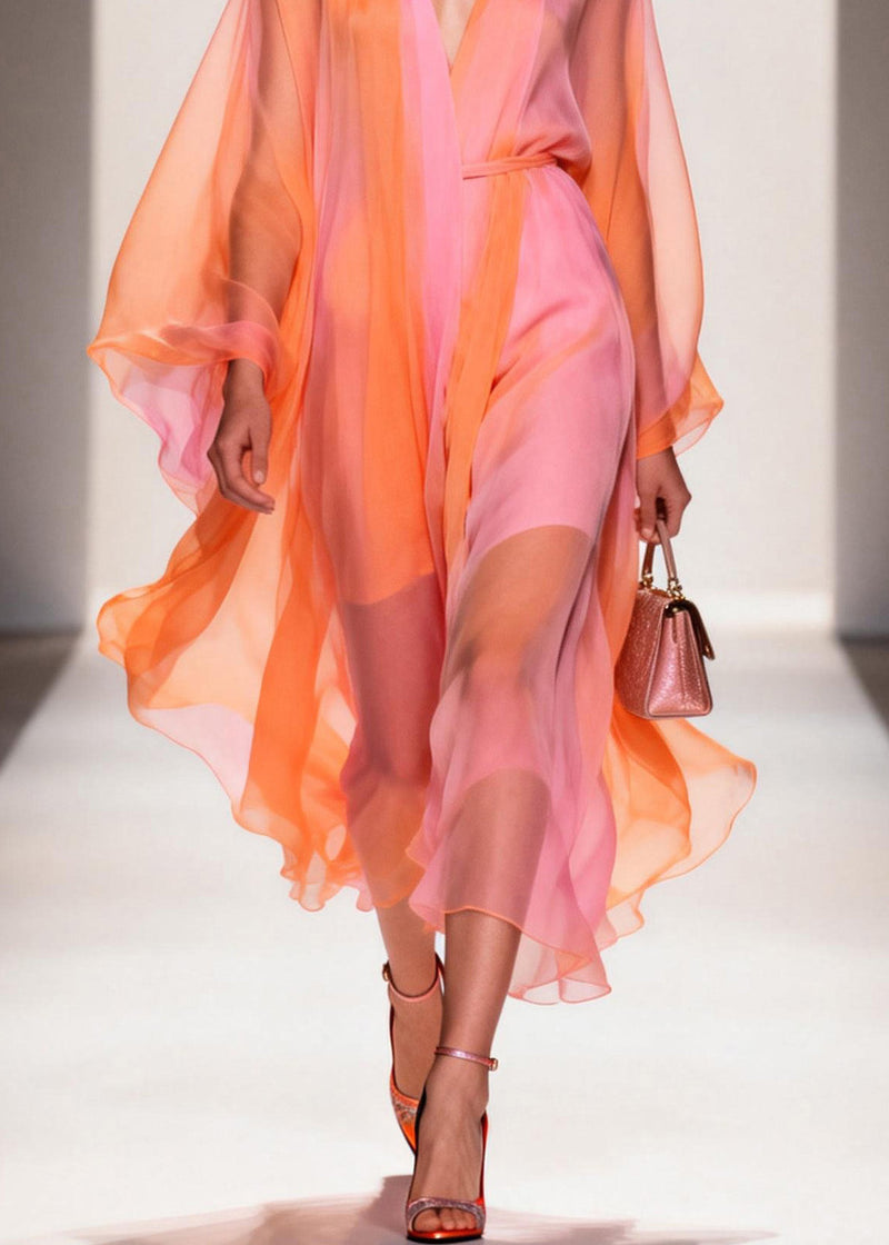 Colorblock V Neck Chiffon Holiday Dress Summer