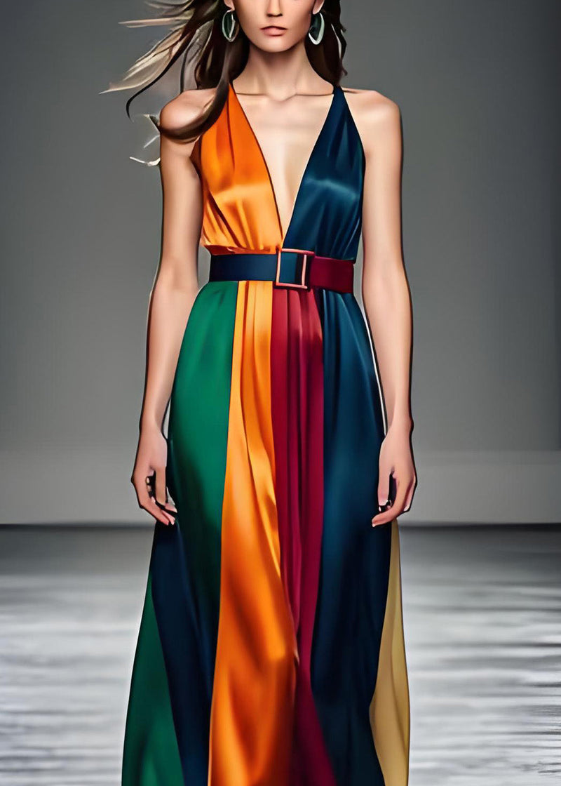 Colorblock V Neck Tie Waist Silk Long Dress Sleeveless