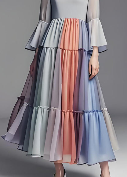 Colorblock Wrinkled Patchwork Chiffon Dress Flare Sleeve