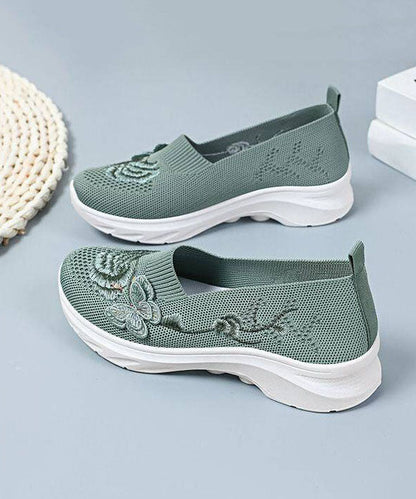 Comfy Embroidered Flat Shoes Green Breathable Mesh