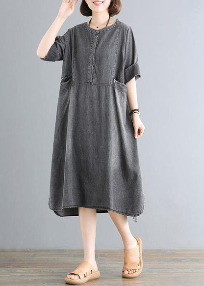 Cotton Wardrobes 18th Century Pure Color Loose Denim Midi Dress