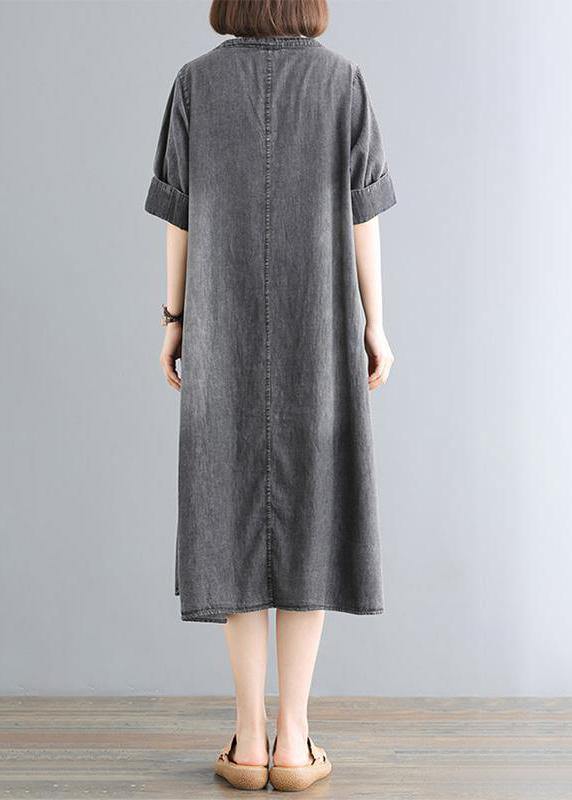 Cotton Wardrobes 18th Century Pure Color Loose Denim Midi Dress
