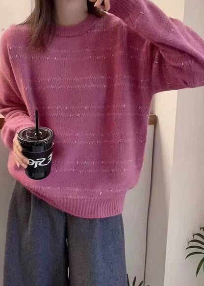 Dark Grey O-neck Striped Wool Knit Sweater Fall