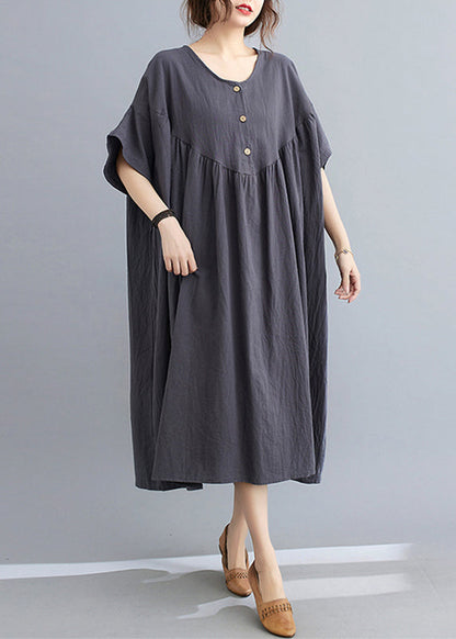 Dark Grey Patchwork Button Long Dresses Short Sleeve