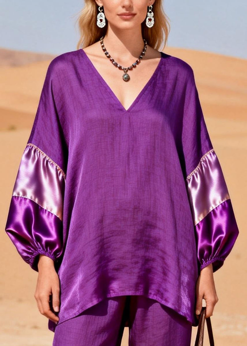 Dark Purple Oversized Patchwork Cotton Two Piece Set Spring