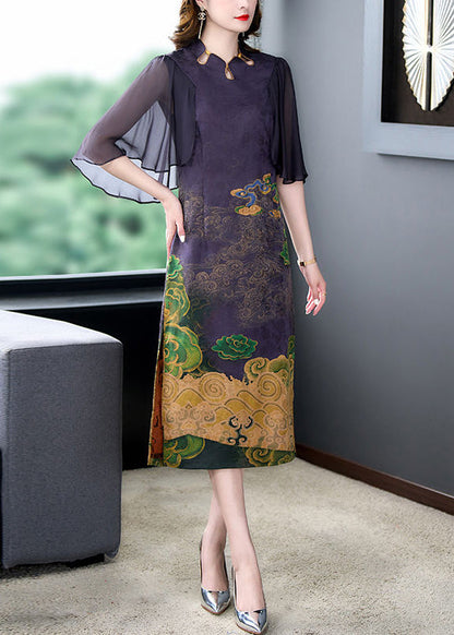 Dark Purple Print Side Open Slim Fit Silk Dress Cloak Sleeves
