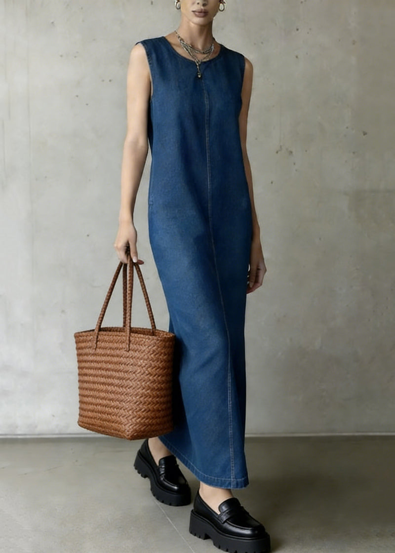Denim Blue O-neck Patchwork Long Dress Summe