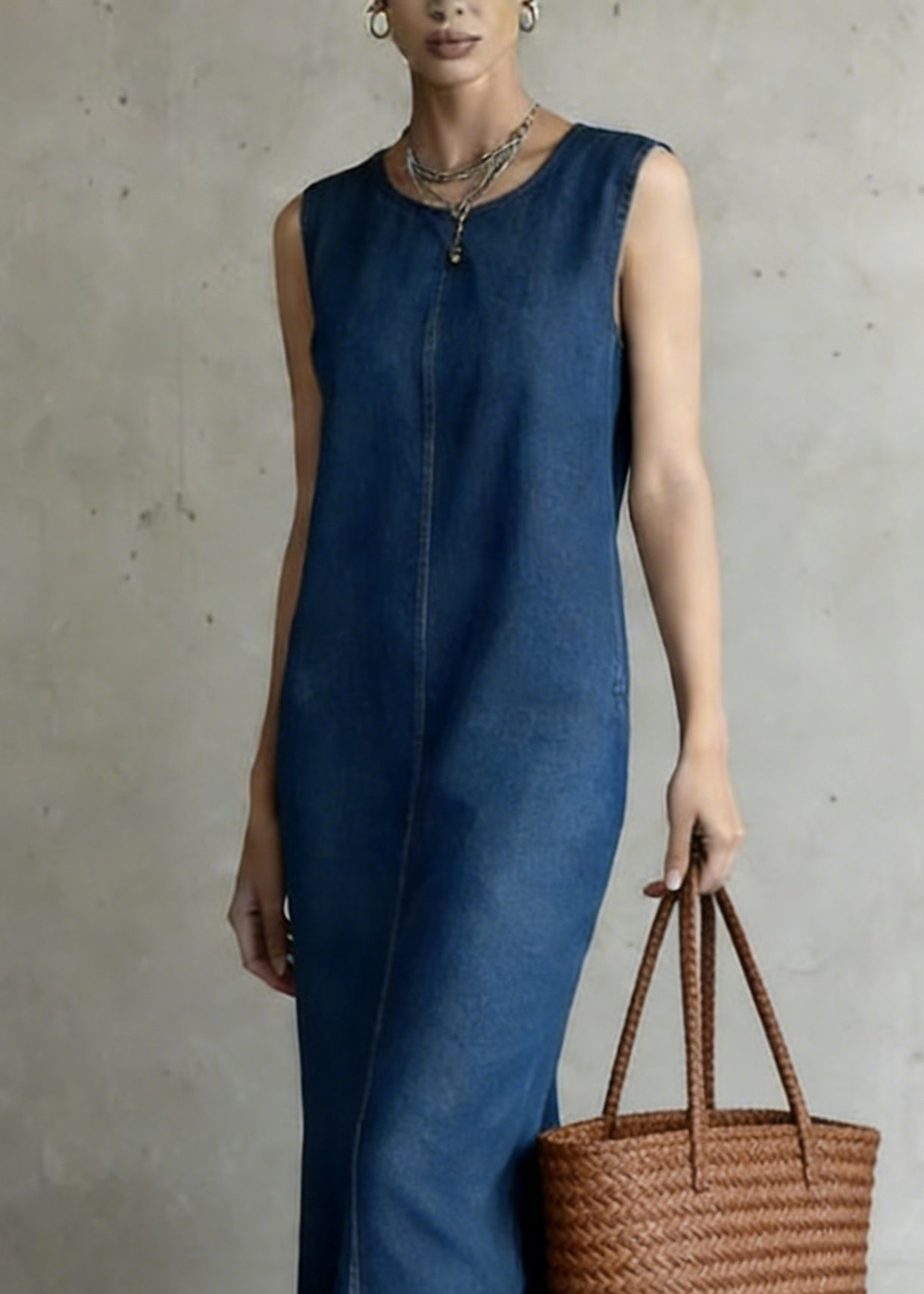 Denim Blue O-neck Patchwork Long Dress Summer