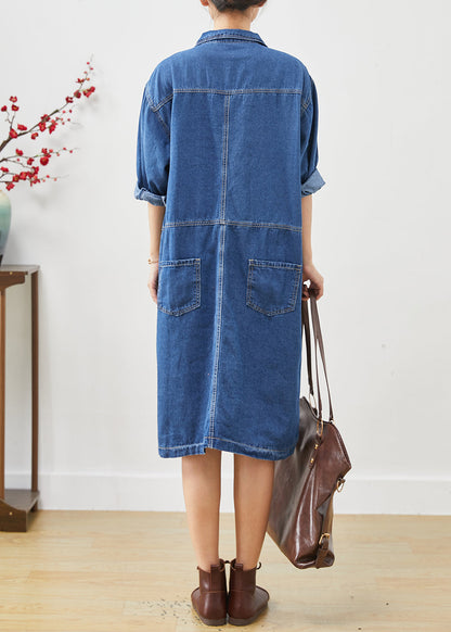 Denim Blue Oversized Patchwork Cotton Mid Dress Fall