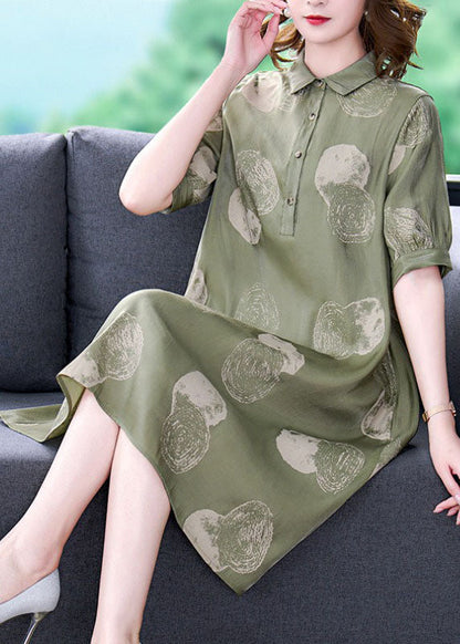 Dousha Green Peter Pan Collar Print Patchwork Silk Dresses Summer