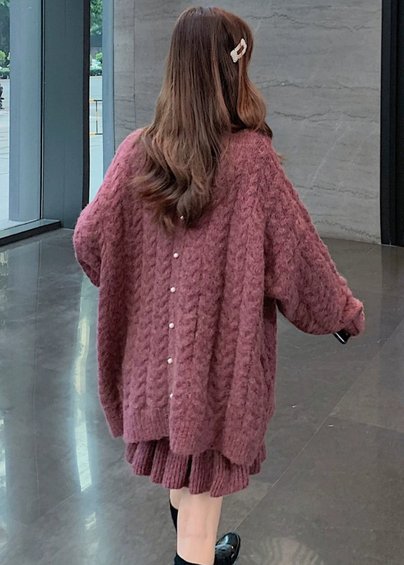 Dull Purple Thick Cable Knit Sweater and Skirt Two Pieces Set Spring