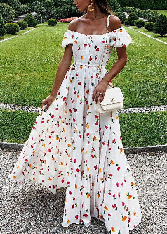 Elastic Square Collar Print Holiday Floor Maxi Dress With Belt White