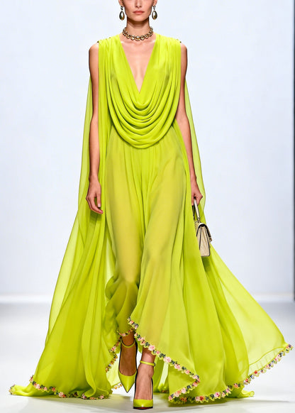 Fluorescent Green Turtle Neck Exra Large Hem Chiffon Party Dress Sleeveless