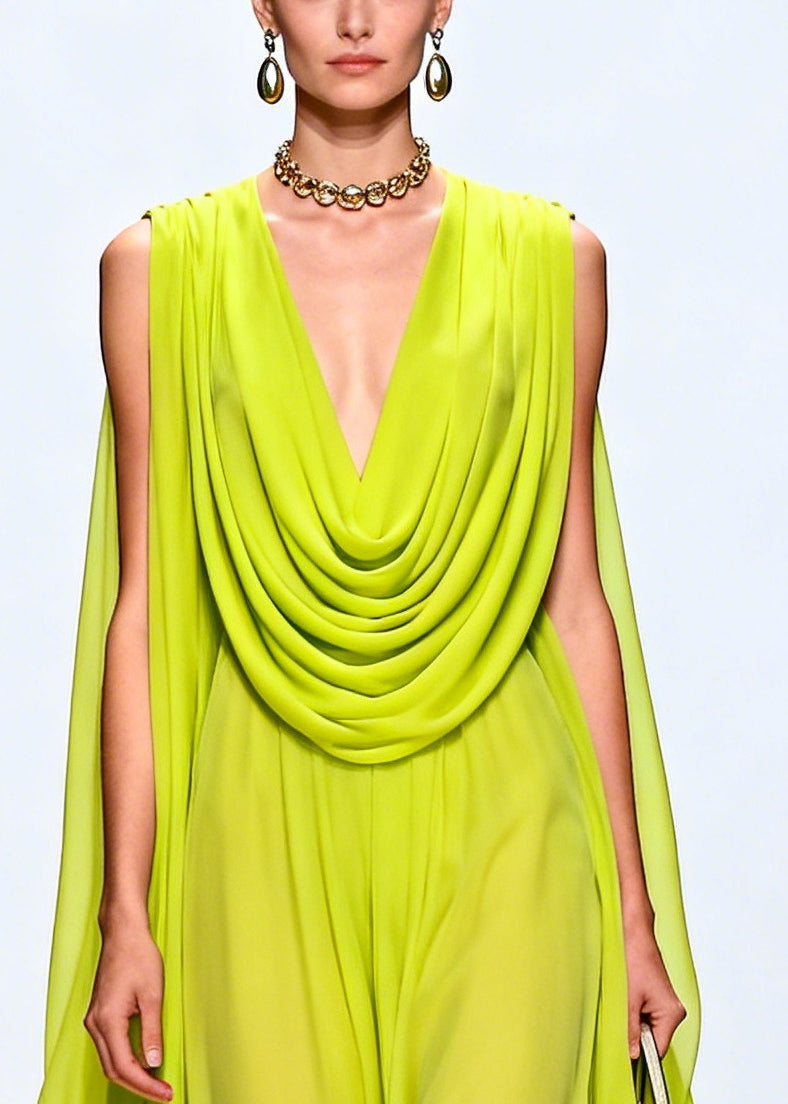Fluorescent Green Turtle Neck Exra Large Hem Chiffon Party Dress Sleeveless