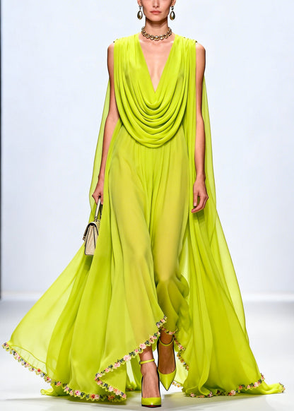 Fluorescent Green Turtle Neck Exra Large Hem Chiffon Party Dress Sleeveless
